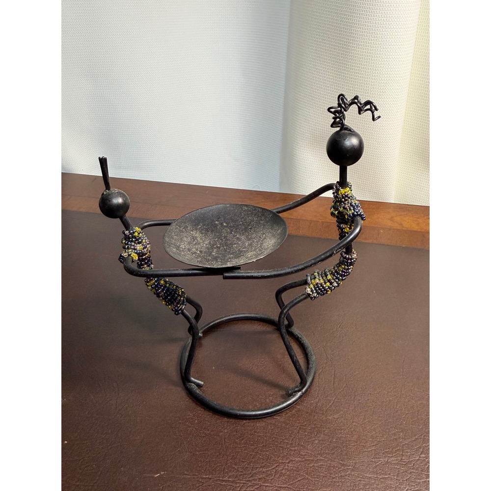 Vintage Wrought Iron Beaded Tribal Figure Candle Holder Black Metal Folk Art
